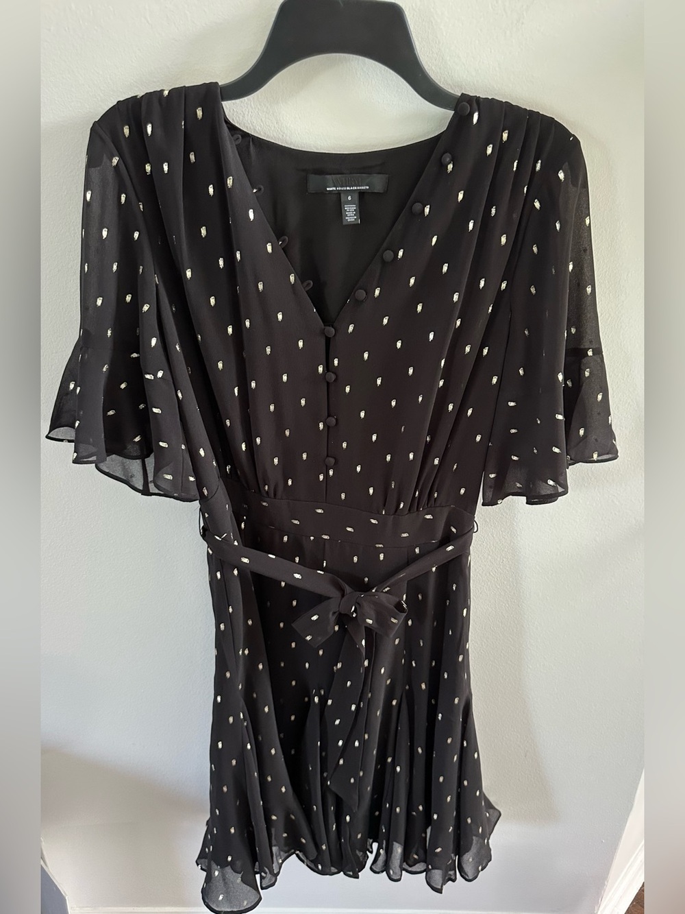 White House Black Market Black Mini Dress with Metallic Gold Dot Accents, Size 6